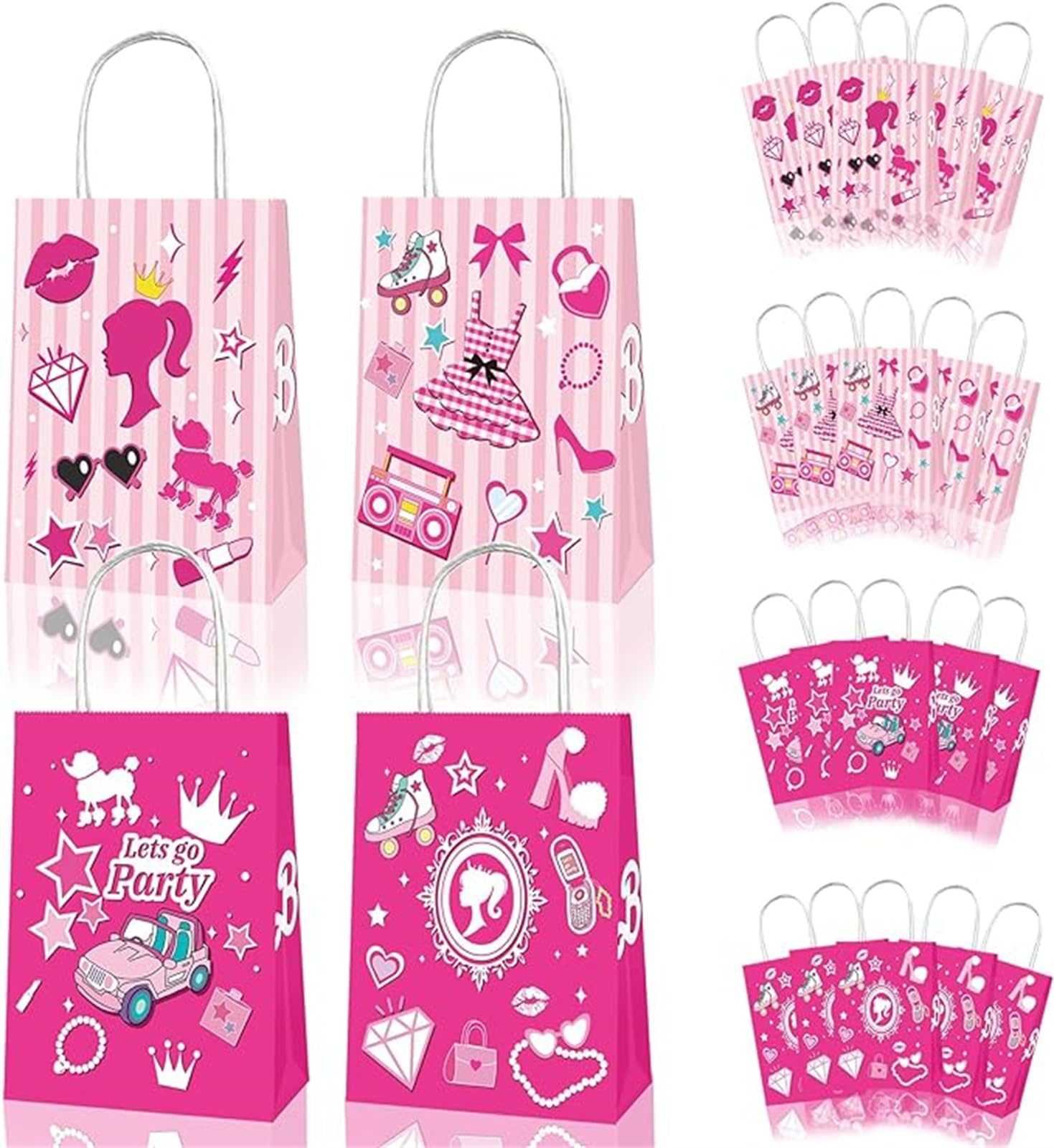 TAMETAME 12 Pieces Cute Girl Party Gift Bags with Handled Rose Red Girls Princess Theme Party Favors Bag Cardboard Bags for Candy Goodie Treat Bags