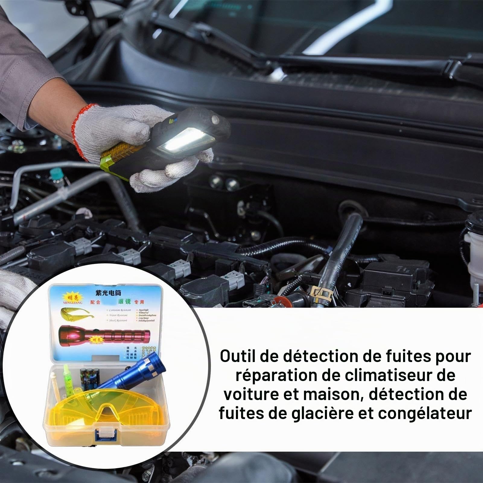 Kit Détecteur Fuite Climatisation – Lampe Torche UV Recherche Fissures | Fluide Coloré Traceur Étanchéité | Pour Auto Clim Réfrigérateur Congélateur, Lunettes Protection Incluses, Outil Haute Précisio