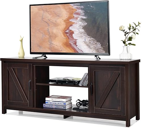 Tangkula Soporte de TV con puerta de granero, mesa consola de TV para televisores de hasta 65 pulgadas, centro de entretenimiento multimedia con 2