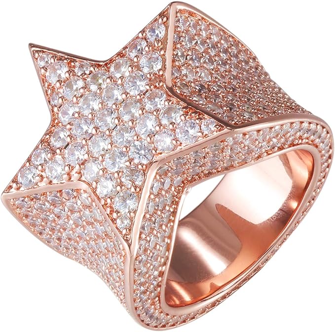 TRIPOD JEWELRY Hip Hop Rose Golden Plated Mens Star Ring Iced Out Star Punky Ring CZ Simulated