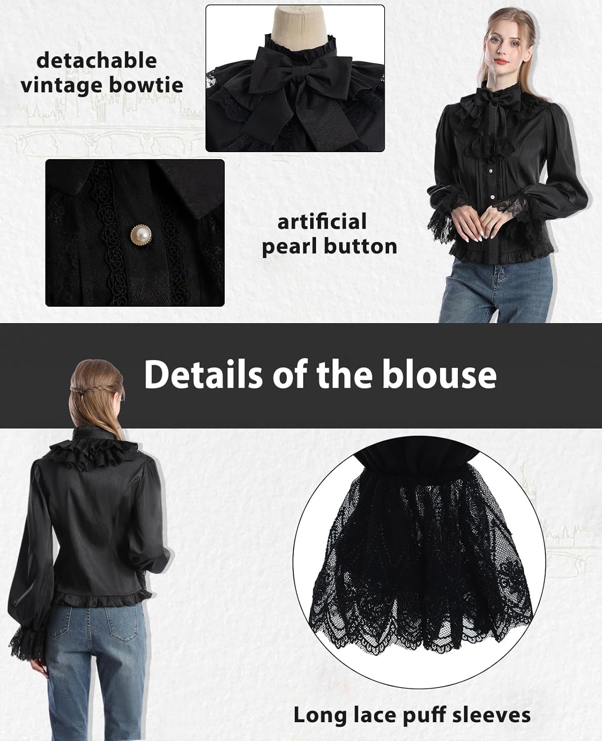 NSPSTT Victorian Blouse for Women Renaissance Shirt Satin Button Up Shirt Pirate Gothic Puff Sleeve White Blouse - Image 2