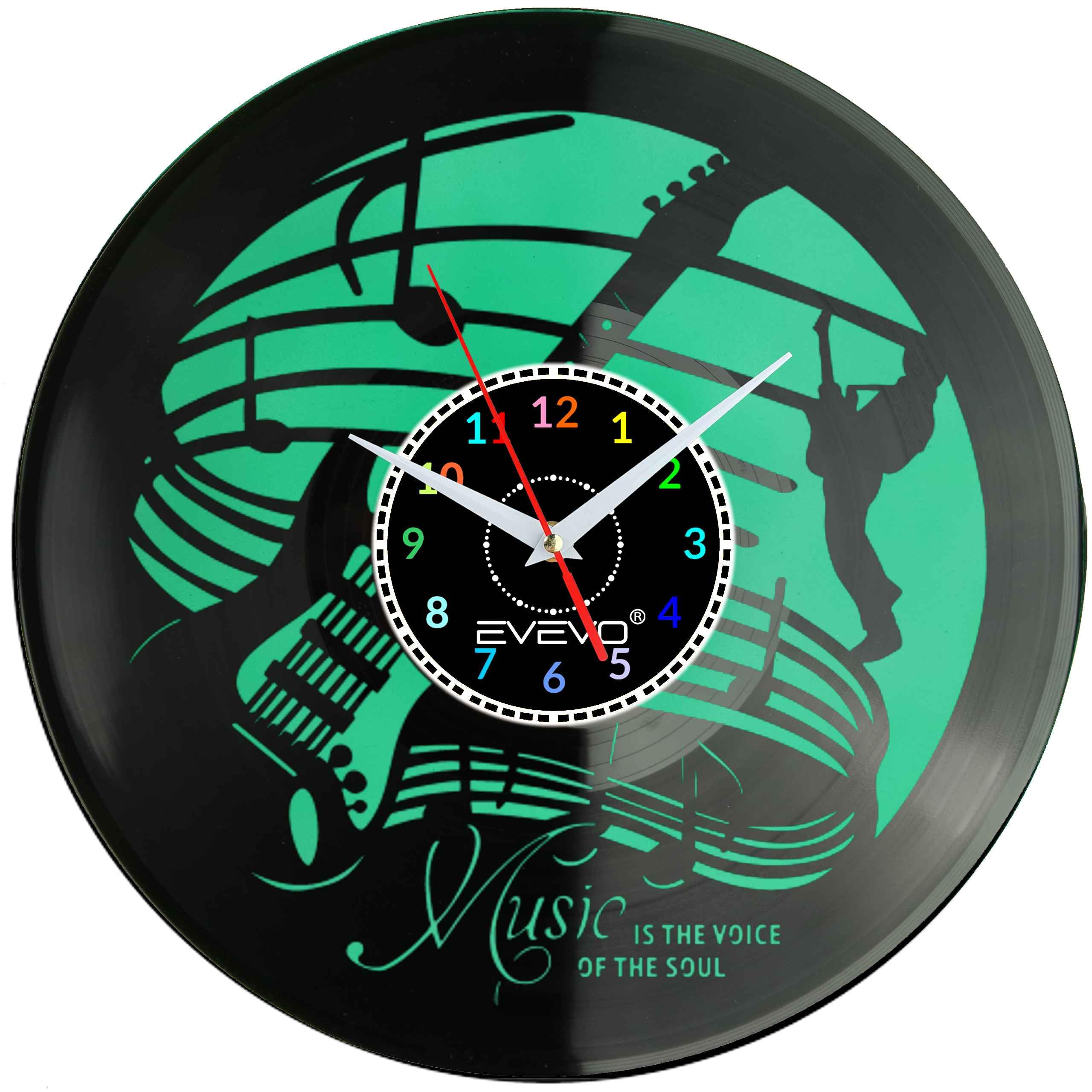 ZEGAR ŚCIENNY ZEGAR DLA MELOMANA JAZZ MUZYKA GITARA FLUORESCENCYJNE TŁO PŁYTA WINYLOWA PREZENT UPOMINEK URODZINY EVEVO F0047