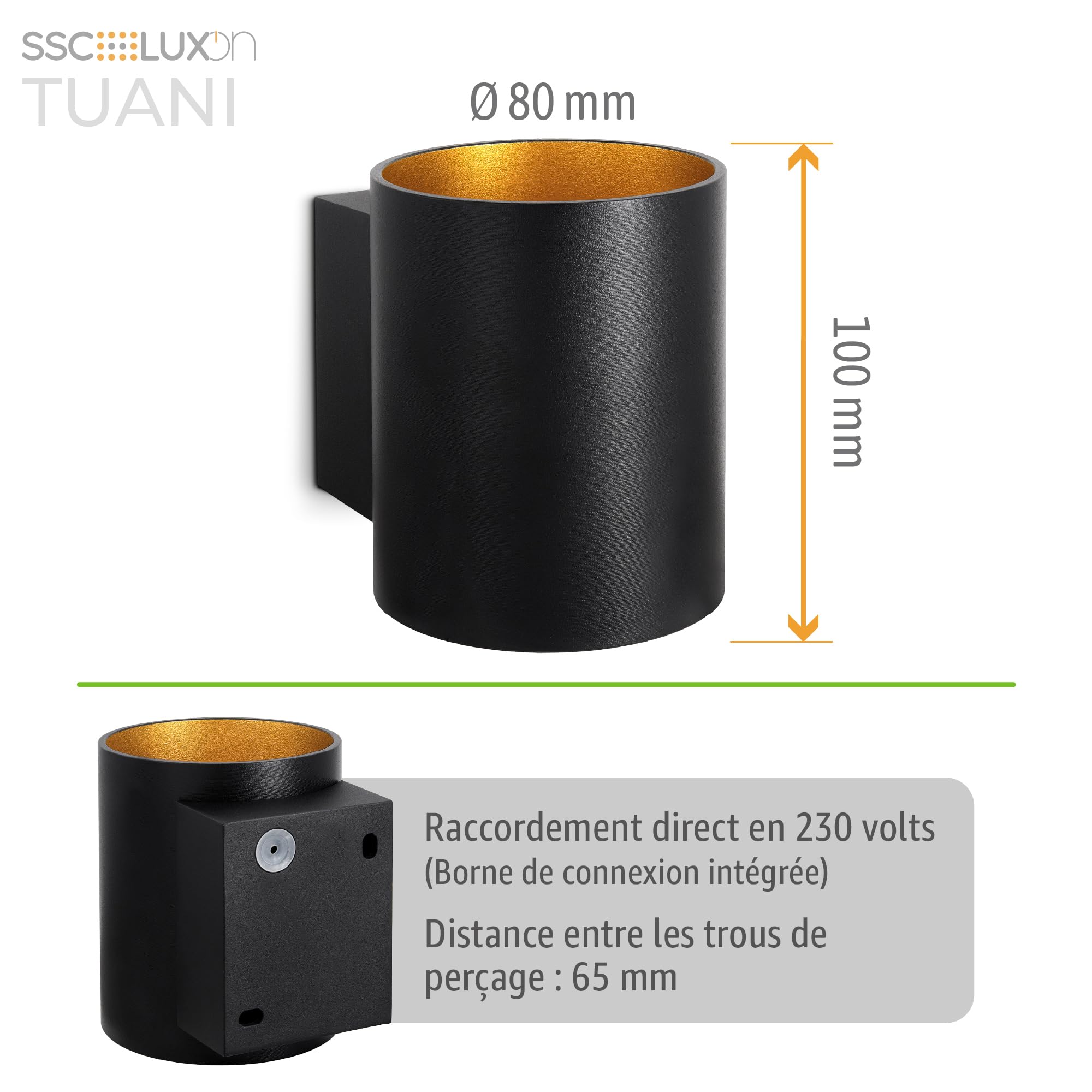 Lot de 2 appliques murales TUANI noir et or Up & Down douille G9 luminaire intérieur rond moderne