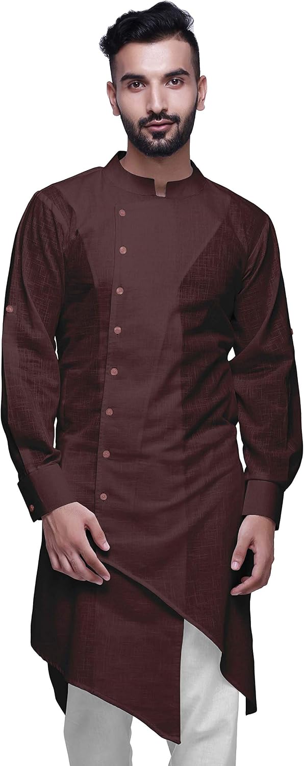 Atasi Mandarin Collar Mens Kurta Shirt Solid Cotton Flex Long Kurta for Boys