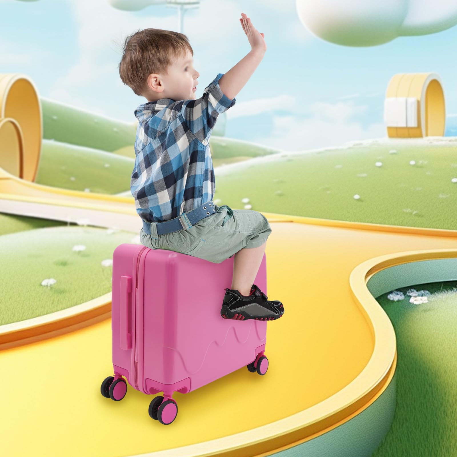 Maleta infantil para sentarse arriba, maleta de viaje para niños con barra de tracción y cerradura de contraseña, maleta para niños de 3 a 6 años, para niñas y niños, color rosa
