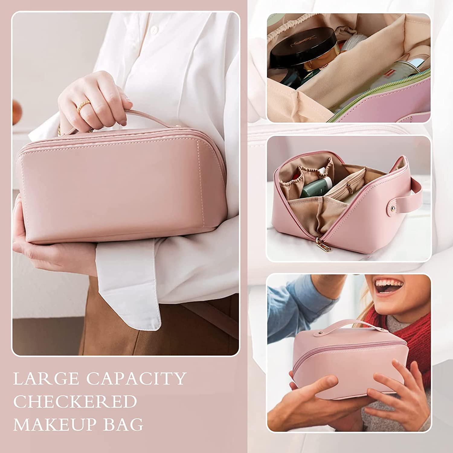 VENEXA Travel Makeup Bag,Large Cosmetic Bag, Travel Cosmetic Bags for Women,Waterproof Portable Pouch Open Flat Toiletry Make up Bag Organizer with Divider and Handle and Extra Pouch (Pink) 2