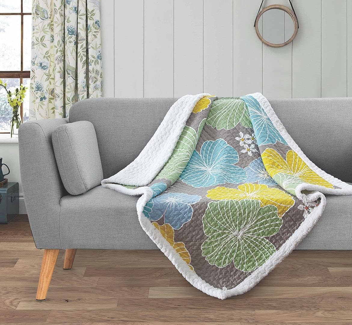 Quilted Sherpa Throw Blanket by Virah Bella - 50" x 60" Hibiscus Lightweight Throw Quilt Great for Loungers & Extra Bedding - Beautiful Contempopary-Themed Blanket