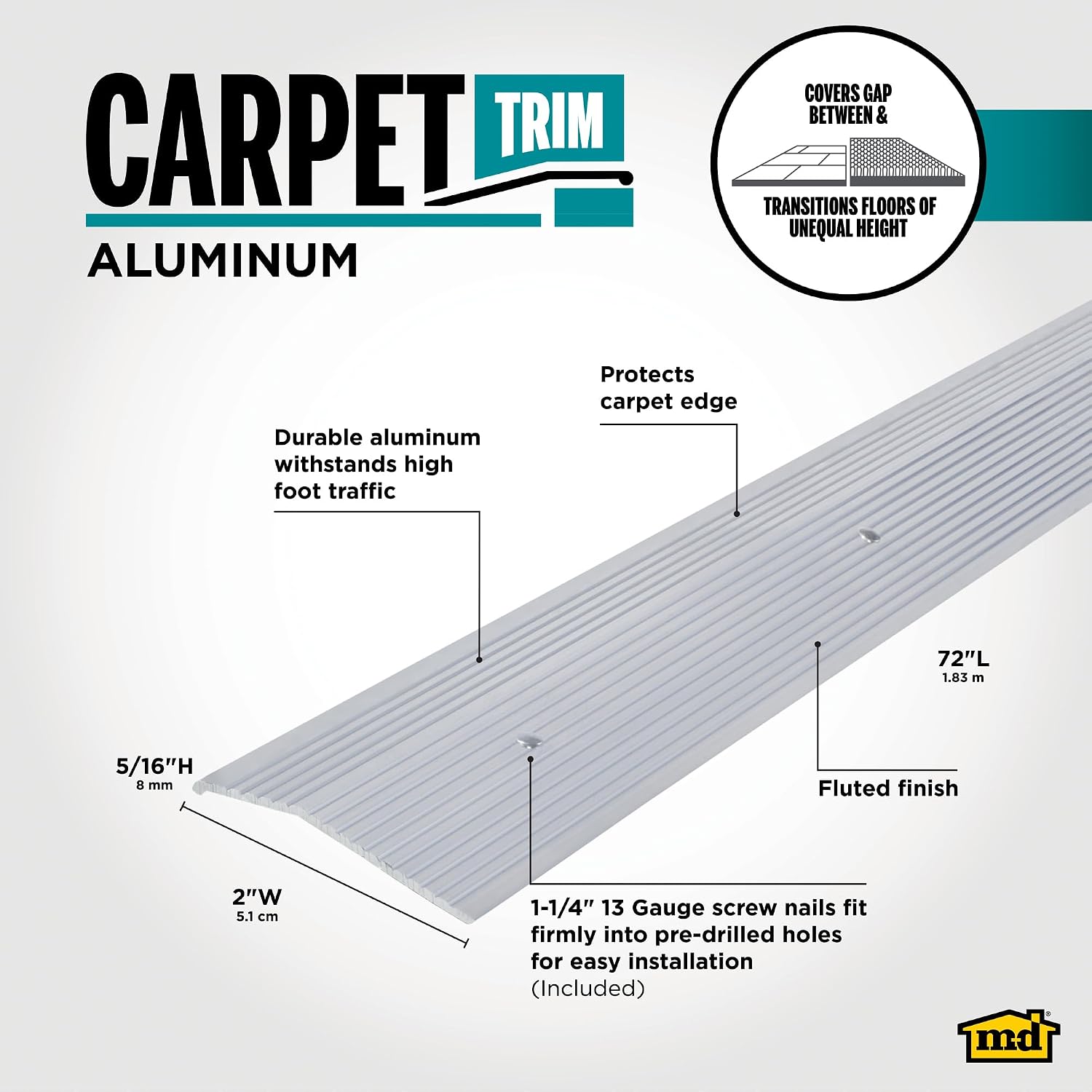 M-D Building Products 78220 2 in. X 72 in. Silver Aluminum Carpet Trim w/Screw Nails