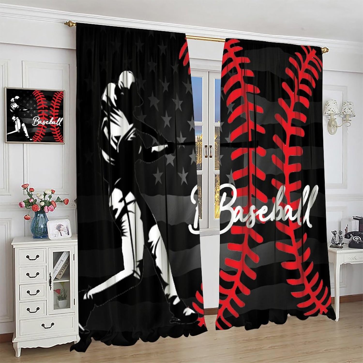 Baseball Curtains Boys Sports Game Window Curtains for Kids Boys Girls Bedroom Game Room Vintage American Flag Decor Blackout Window Drapes 63" W X 63" L