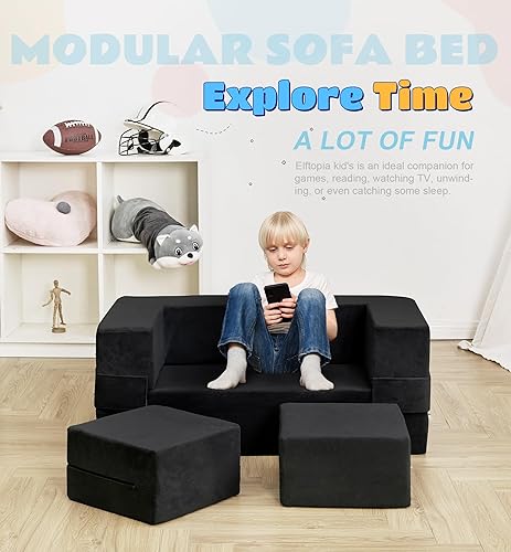 Miniatura 4 de Sofá modular para niños, sillón de espuma para niños, sofá convertible de felpa para niños, sofá plegable (negro)