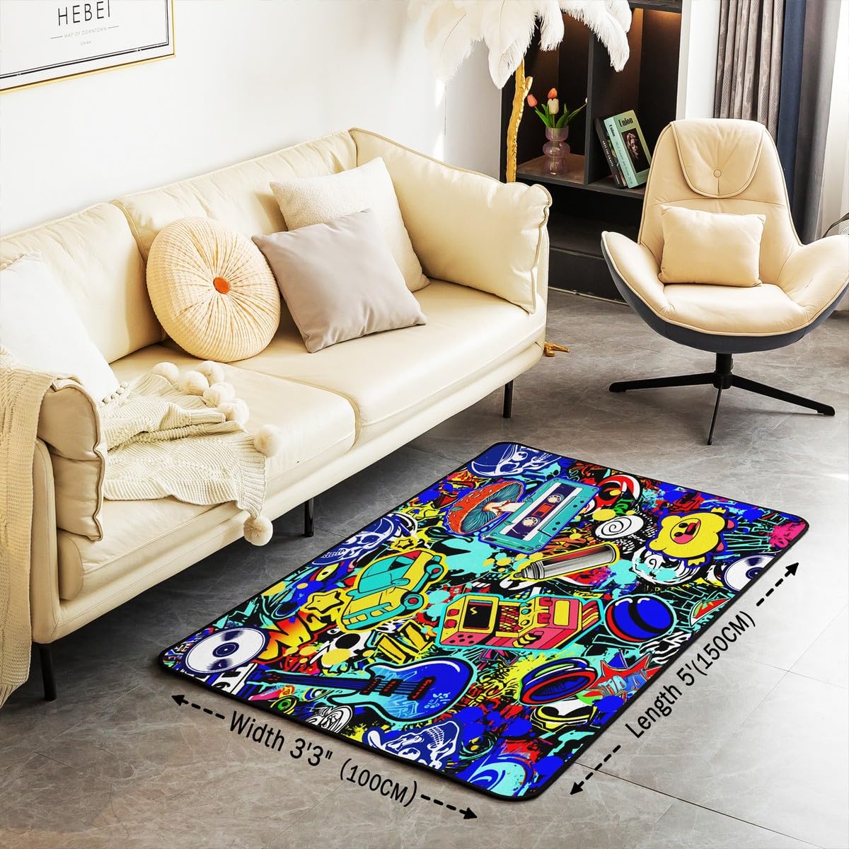 Loussiesd Hippie Graffiti Tappeto Stile 100 x 150 cm per Bambini Ragazzi Grafica Graffiti Moderno Tappeto Hip Hop Musica Tappeto Soggiorno Street Culture Outdoor Tappeto