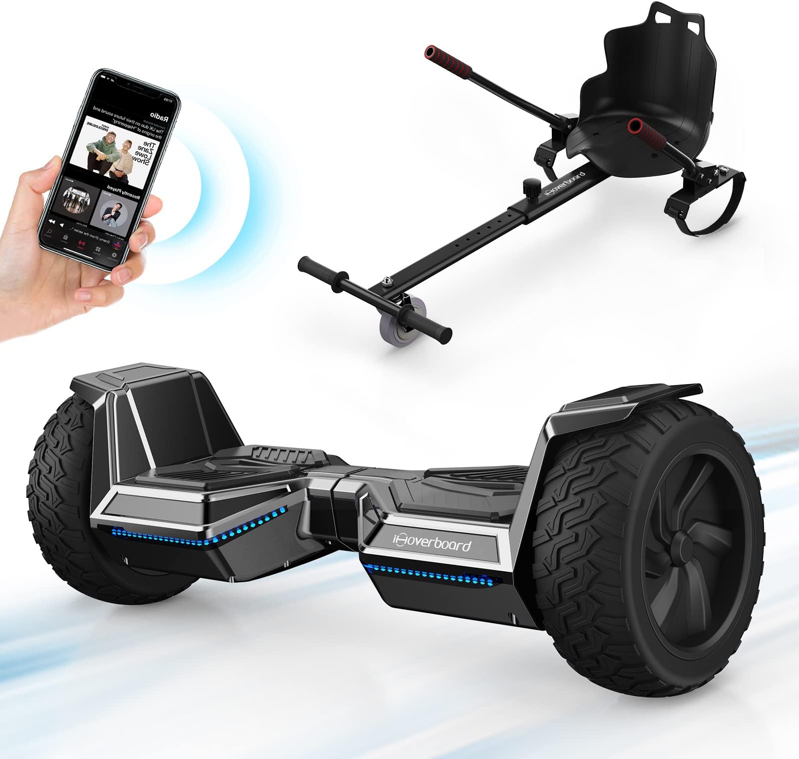 Hoverboards with Go-Kart Bundle, iHoverboard H8 Hoverboards Off-road 8.5 inch, Hoverboards All Terrain with Bluetooth Speaker, Dual Motor, LED lights, Hoverboards Set for Kids Adults Gifts