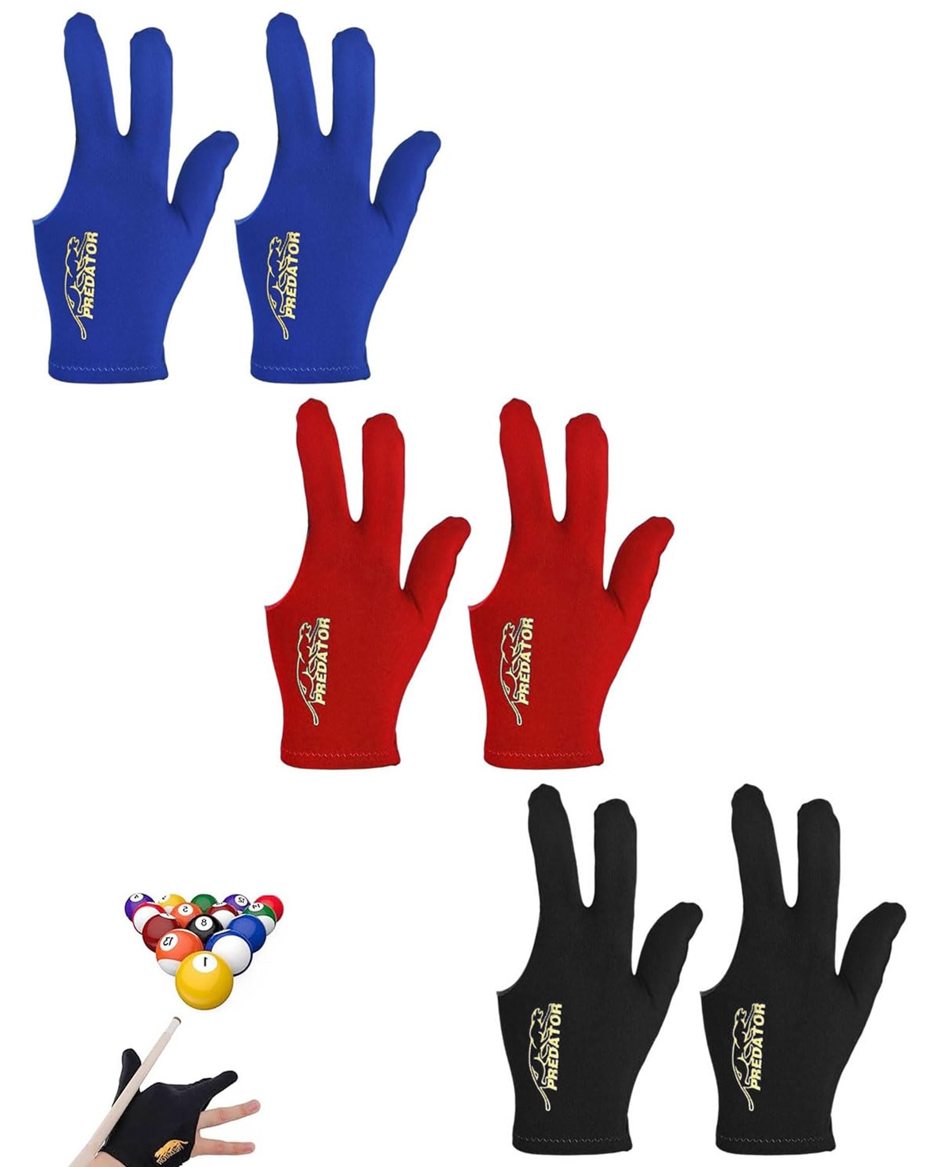 WUNZILO 6 Stück billard handschuh, Schnelltrocknende, atmungsaktive Billard- Handschuhe, für Shooter, Queue, Sport, passt auf Linke oder rechte Hand(Schwarz + Blau + Rot) Sport & Freizeit