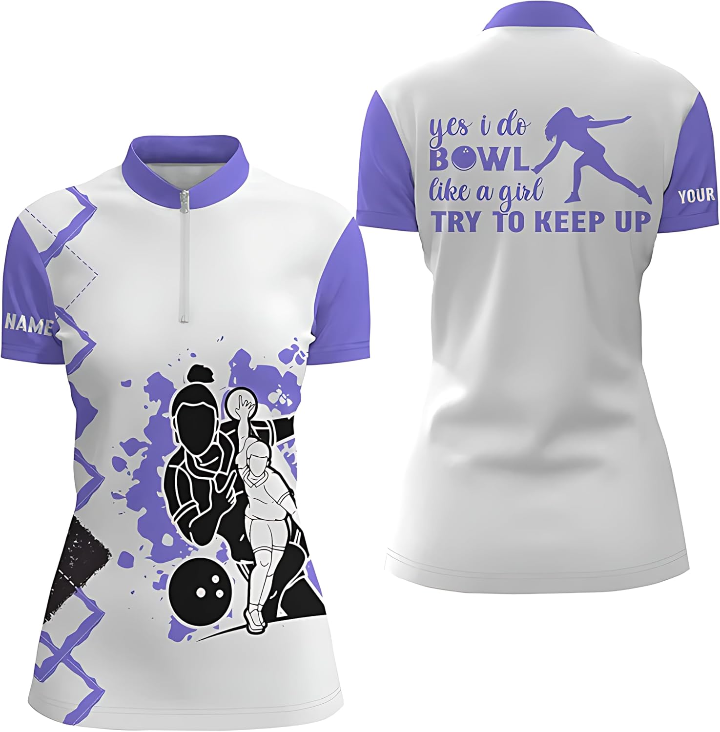 Personalized Women's Pink Quarter Zip Bowling Jerseys - Custom Name Yes, I do Bowl Like a Girl, Try to Keep up - Q4559