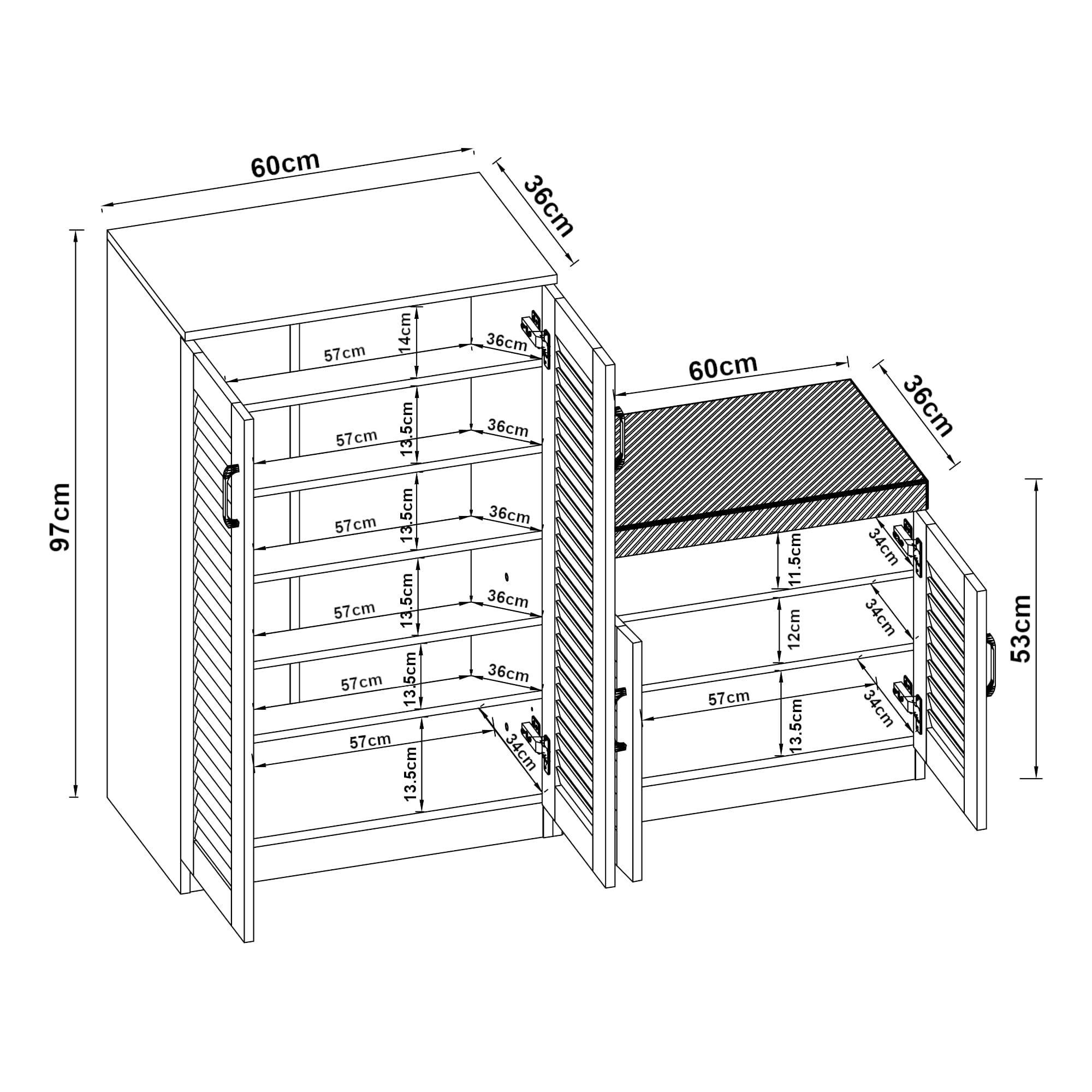 [en.casa] Mueble Zapatero Løten Armario con 9 Compartimentos para 18 Pares de Calzados + Banco Zapatero Puertas de Rejilla Buena Ventilación 97 x 120 x 36 cm - Blanco
