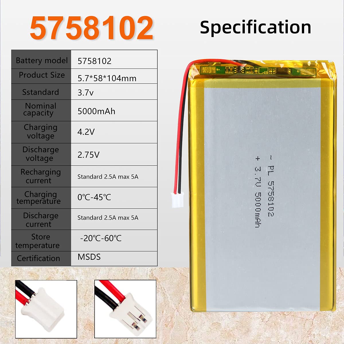 YTKavq 3.7V 5000mAh Battery 5758102 Lithium Polymer Ion Rechargeable Li-ion Li-Po Battery with 2P PH 2.0mm Pitch Connector… — view 2