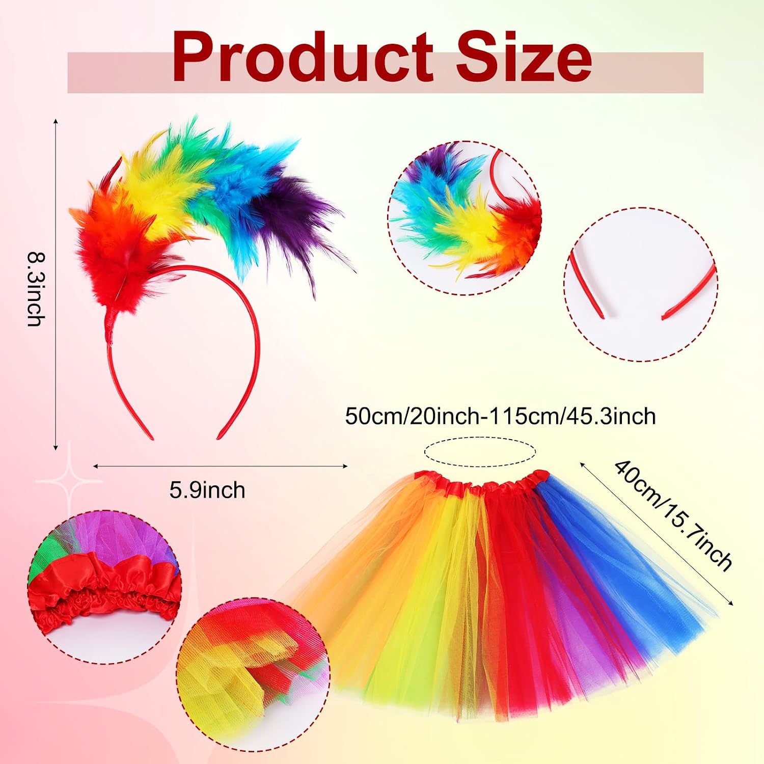 4Pcs Clown Costume Set for Women Rainbow Tutus Skirt Feathers Headband Striped Gloves Socks for Women Halloween Carnival Cosplay