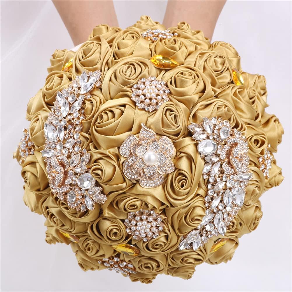Sharebeauty 7.1" Handmade Satin Rose Bridal Bouquet Toss Round Wedding Bouquet Throw Toss Artificial Flower Bunch Pale Gold