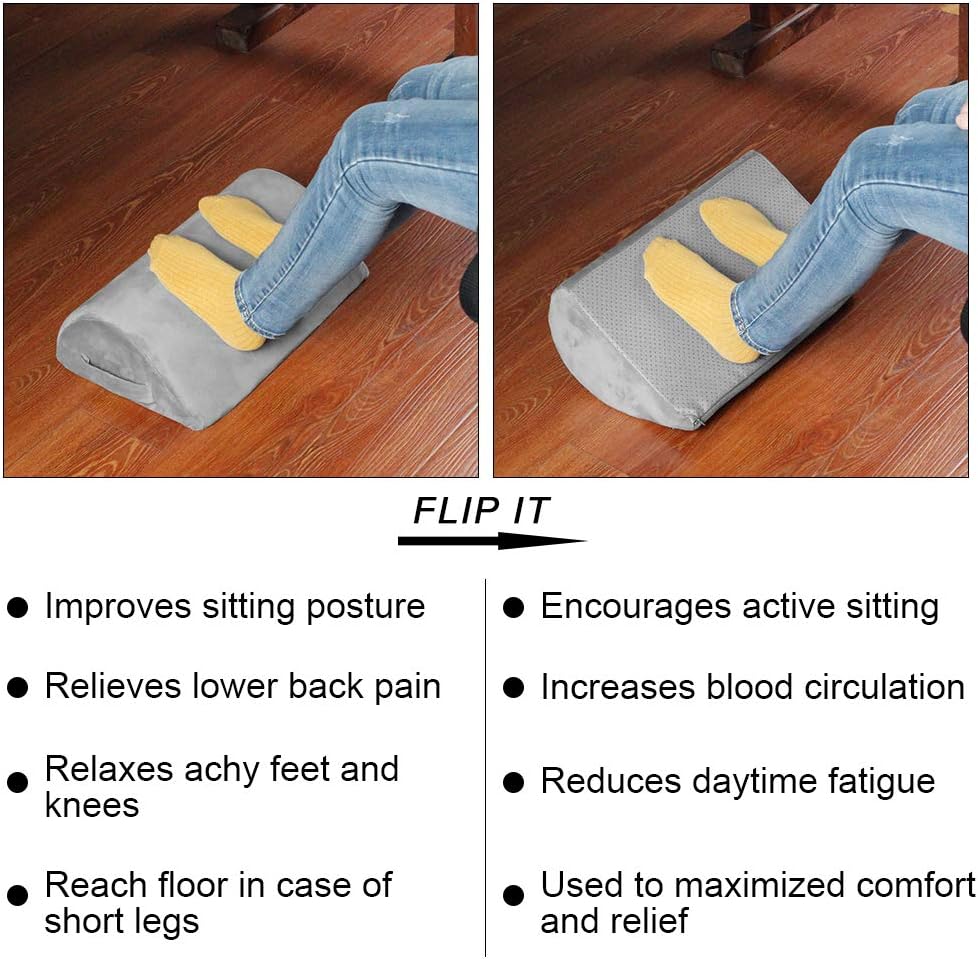 Footrest for Under Desk with Non-Slip Massaging Micro Beads Base Firm Foam Half-Cylinder Ergonomic Footstool for Home Office Desk Airplane Travel Teardrop Grey