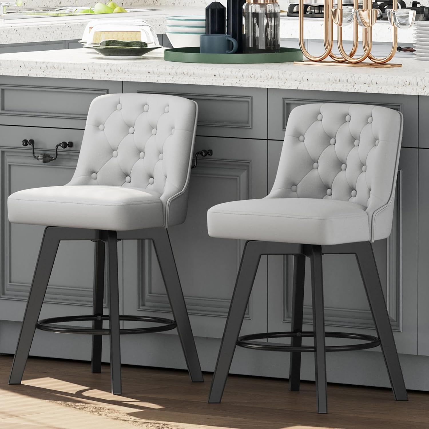 MINCETA 26 Inch Swivel Bar Stools Set of 2, Counter Height PU Leather Upholstered Barstools with Low Tufted Back, Footrest & Beech Wood Legs, 360° Bar Chairs for Kitchen Island, Home Bar Light Gray