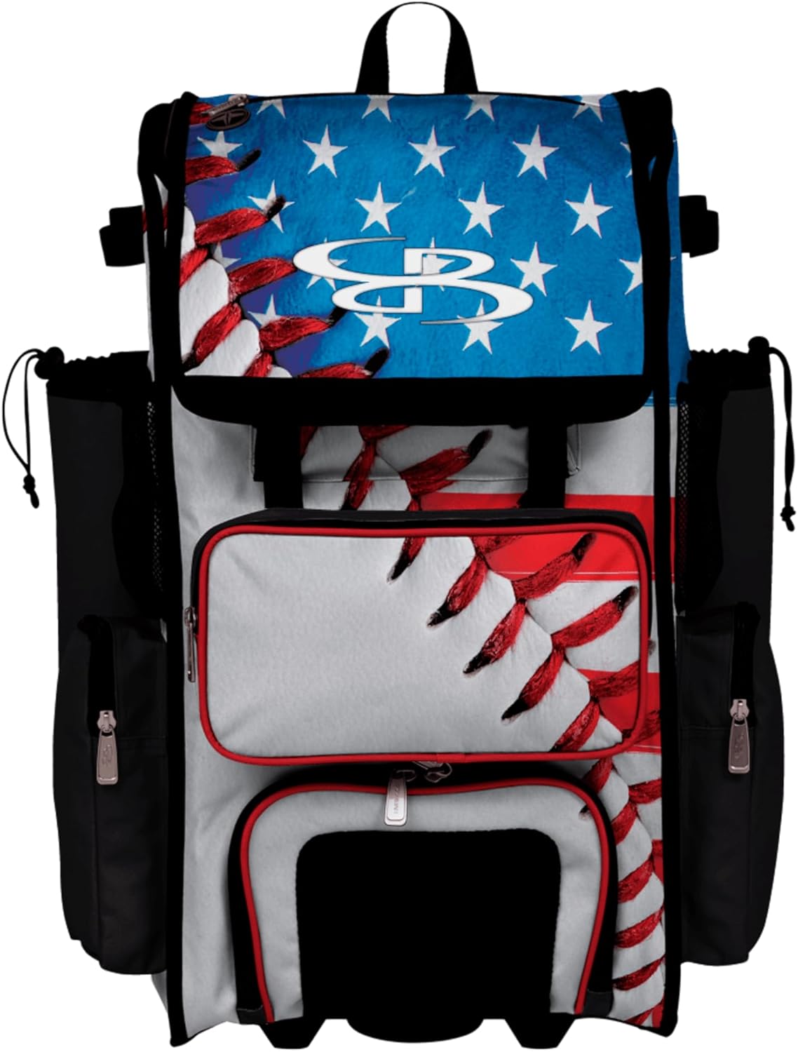 Boombah Rolling Superpack Baseball/Softball Gear Bag - Telescopic Handle - Holds 4 Bats - Wheeled Version - USA Baseball Classic White/Royal Blue/Red
