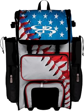 Boombah Rolling Superpack Baseball/Softball Gear Bag - Telescopic Handle - Holds 4 Bats - Wheeled Version - USA Baseball Classic White/Royal Blue/Red