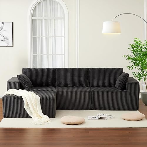 108'' Modular Sectional Sofa, Corduroy Sponge Compression Sofas with Deep Seat, Memory Foam Sofa for Living Room Bedroom, No Assembly Required, Grey