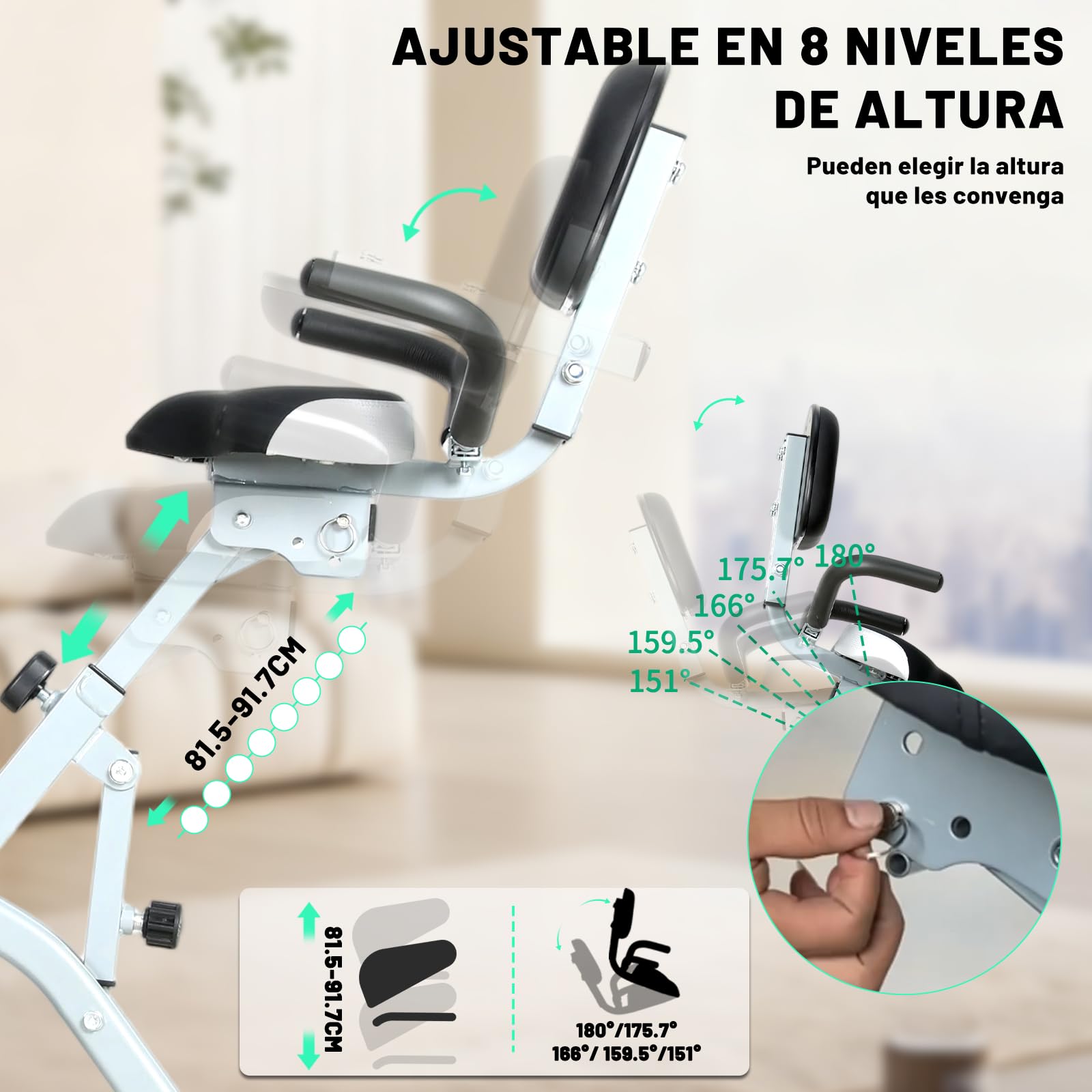 ISE Bicicleta estática plegable con respaldo acolchado, asiento ajustable,pedaleo silencioso, Bici Estatica Plegable con 8 niveles de resistencia,Exercise Bike con LCD pantalla, Bluetooth y APP