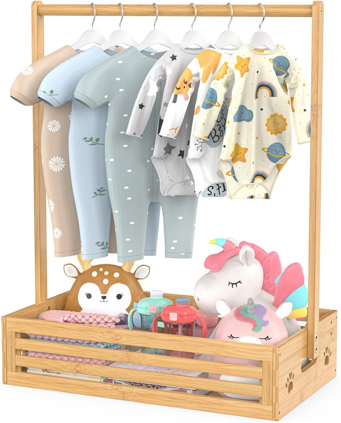 Baby Clothing Rack for Toddler, Pets Clothes Rack with Storage Box & Adjustable Hanging Rod for Dogs/Cats, Baby Shower Clothes Closet Rack with Handle for Nursery Room, Natural Bamboo 11.81"D x 20.47"W x 26.37"H inches