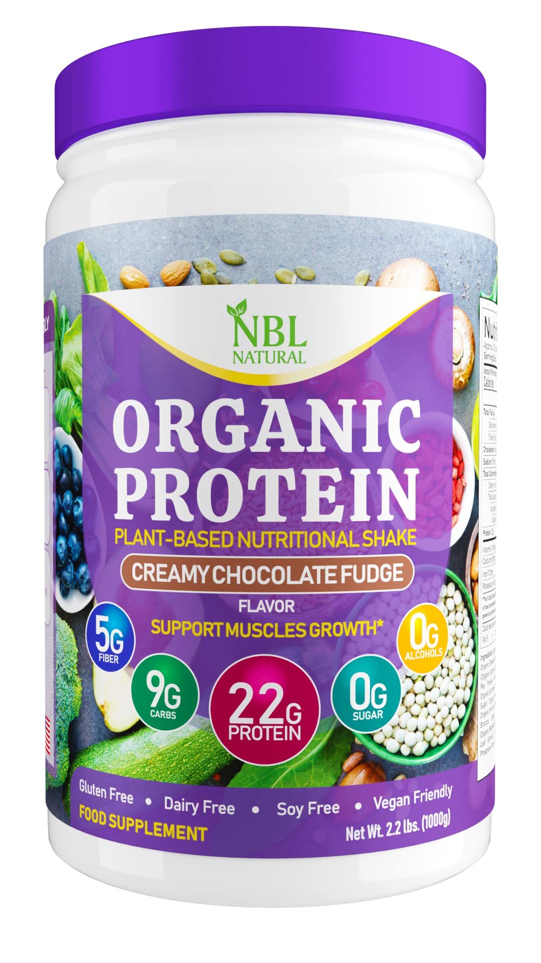 NBL NATURAL Plant Based Organic Protein Powder, Vegan Protein Powder for Men & Women, 22G Protein Per Serving, Gluten Free, Lactose Free, No Sugar Added, Creamy Chocolate Fudge, 2.2 lb, 25 Servings