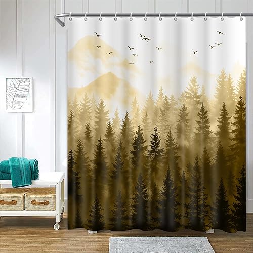 ChloropLastid Cortina de ducha marrón con bosque brumoso, color amarillo degradado, bosque de browen, impermeable, cortinas de ducha de tela