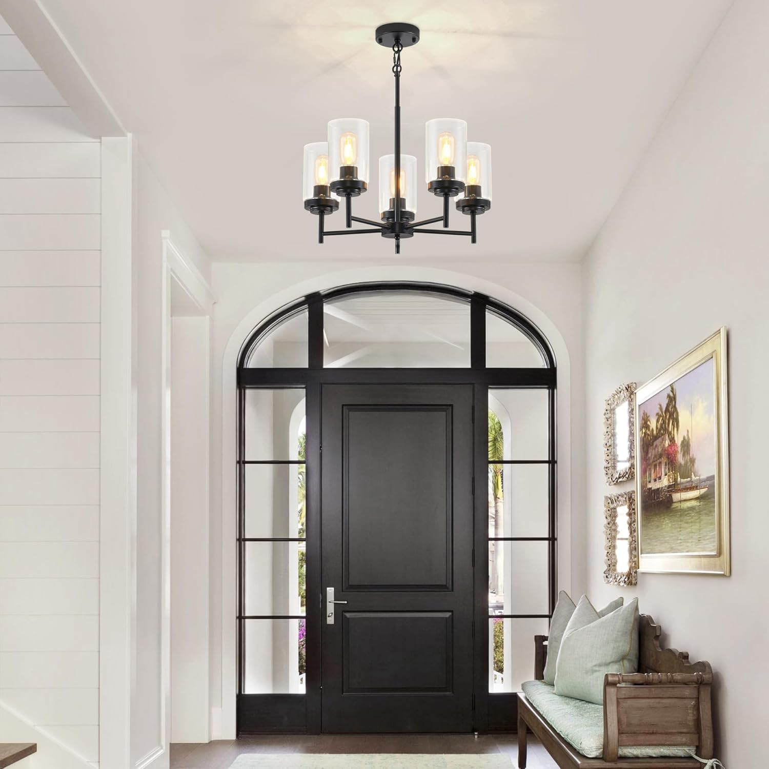 5-Light Farmhouse Glass Chandelier, Modern Black Chandelier for Dining Room Island Lights Industrial Hanging Foyer Lighting Fixtures Chandeliers for Entryway Kitchen Living Room Adjustable Height