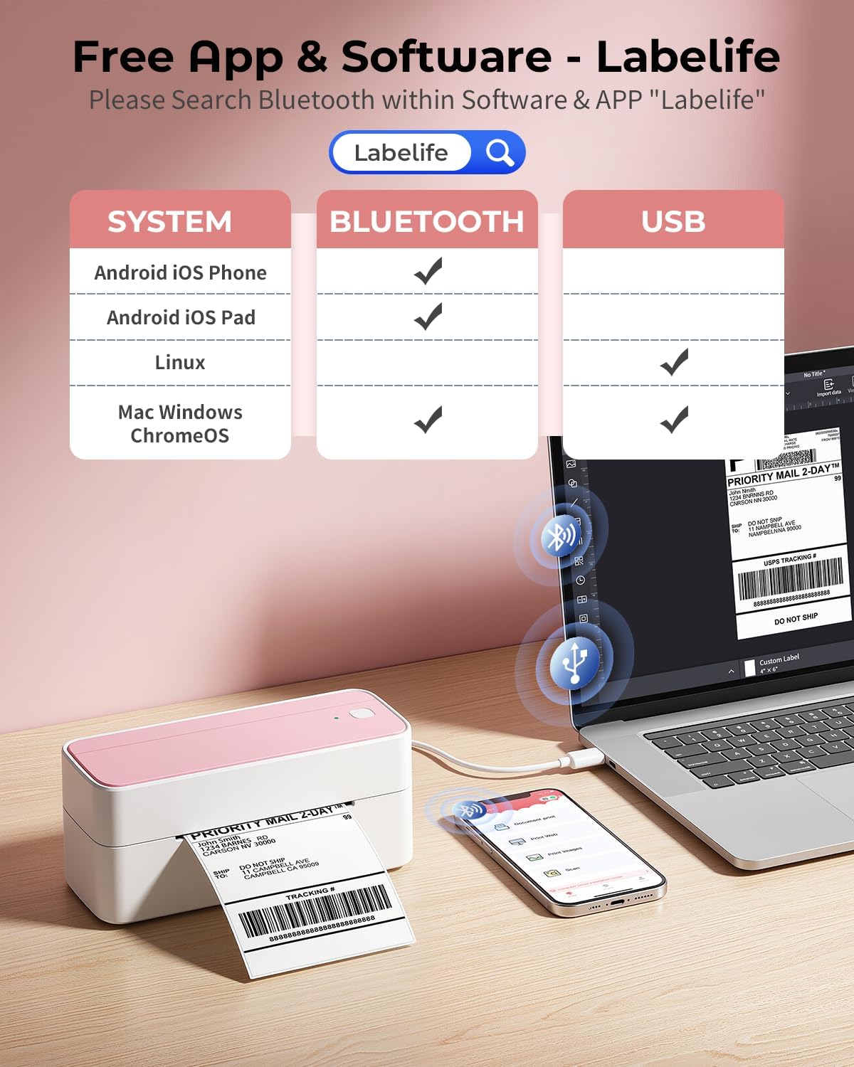 Phomemo Bluetooth Thermal Label Printer, 241BT 4X6 Wireless Shipping Label Printer for Small Business, Pink Labels Printers for Shipping Package, Compatible with iPhone, Android, Shopify, Amazon, USPS