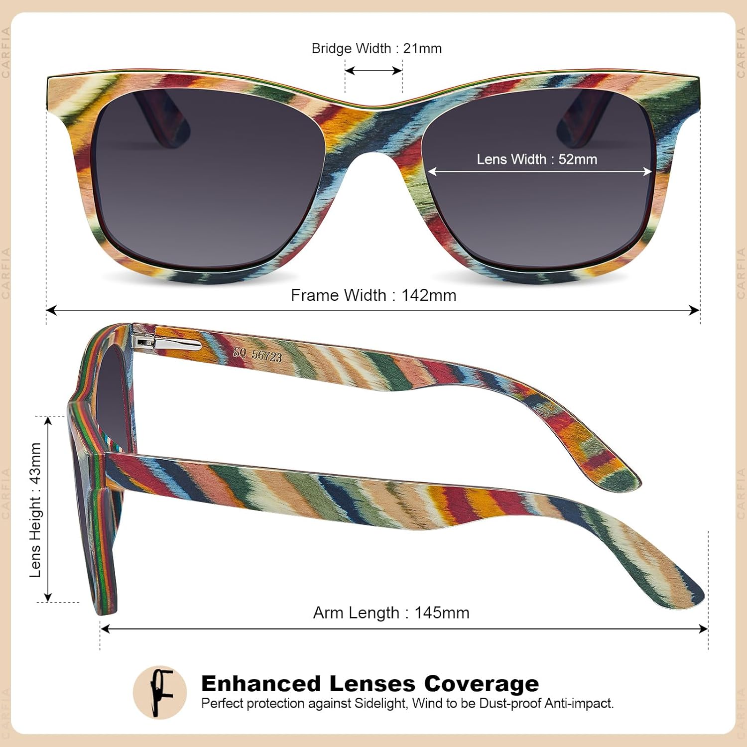 CARFIA Wood Polarized Sunglasses for Men and Women UV400 Protection Retro Square Shades for Driving