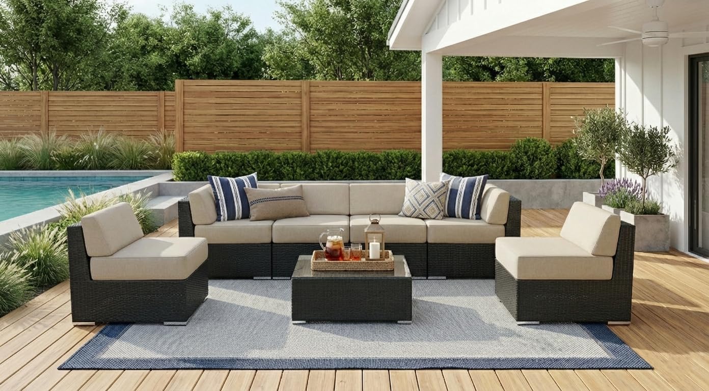 Fully Assembled 7 Piece Outdoor Patio Furniture with 6-inch Rainshield Sunbrella Beige Cushions and Oversized Seats