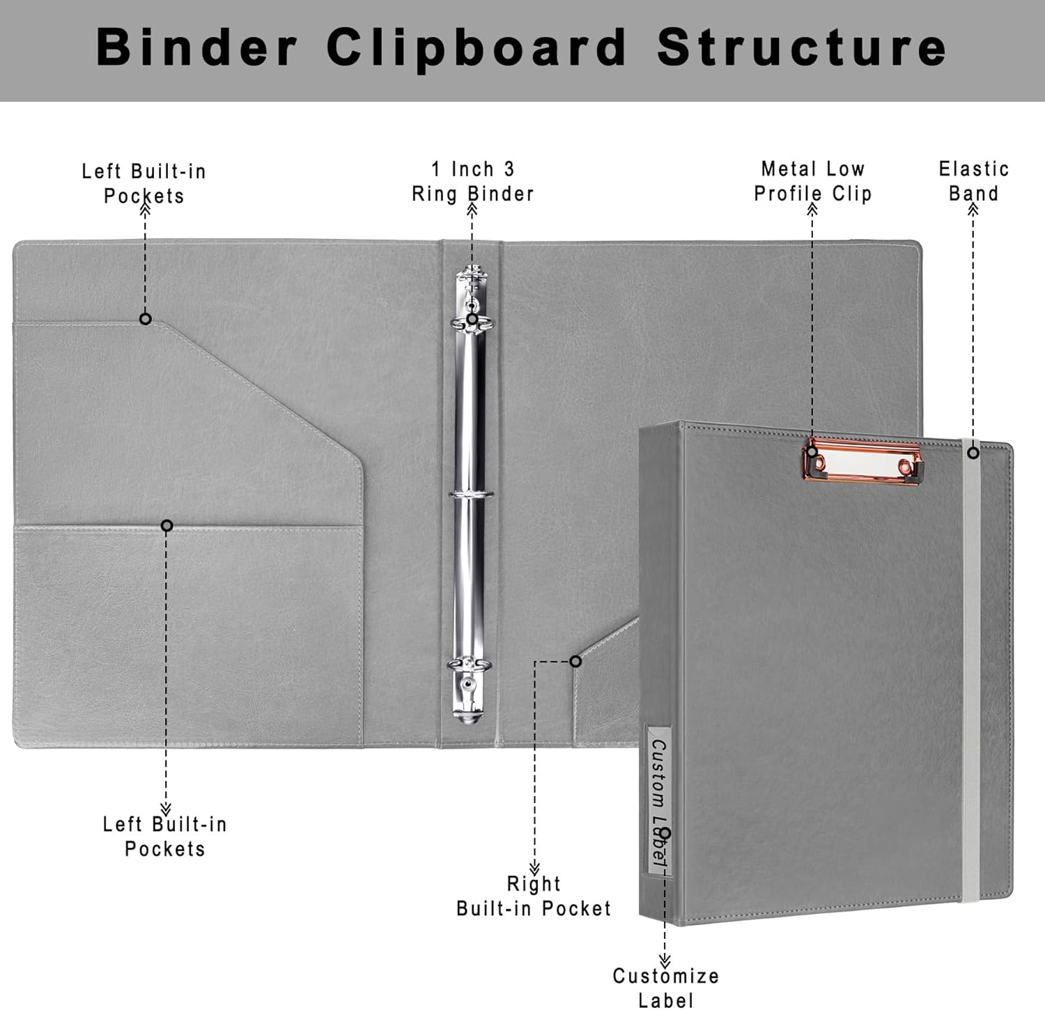 Antner 3 Ring Binder 1 Inch with Clipboard, PU Leather Clipboard Binder Organizer 5 Divider Folders with 10 Pockets Fits Letter Size Paper and Documents for Business Office, Gray