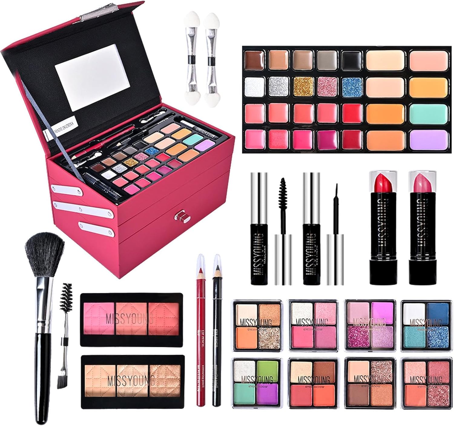 kleine make-upset | Make-up Collectiesets | Make-up Starter Kit, met trein etui inbegrepen, volledige make-up kit oogschaduw palet bloost bronzer markeerstift lippenstift borstels glas beginners kits