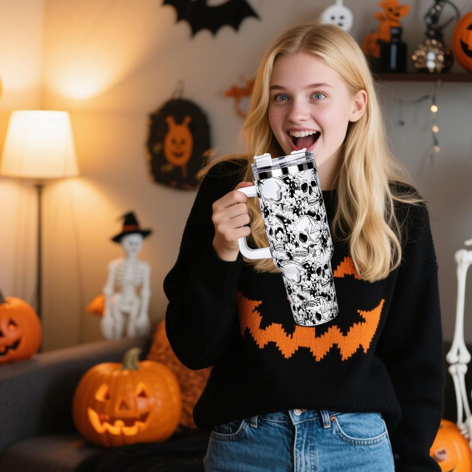 40oz Halloween Skull Tumbler with Handle Straw and Lid Spooky Skull Flower Travel Tumbler Coffee Cup for Halloween Favor Gifts Trick or Treat Holiday Party Home Office - Image 6