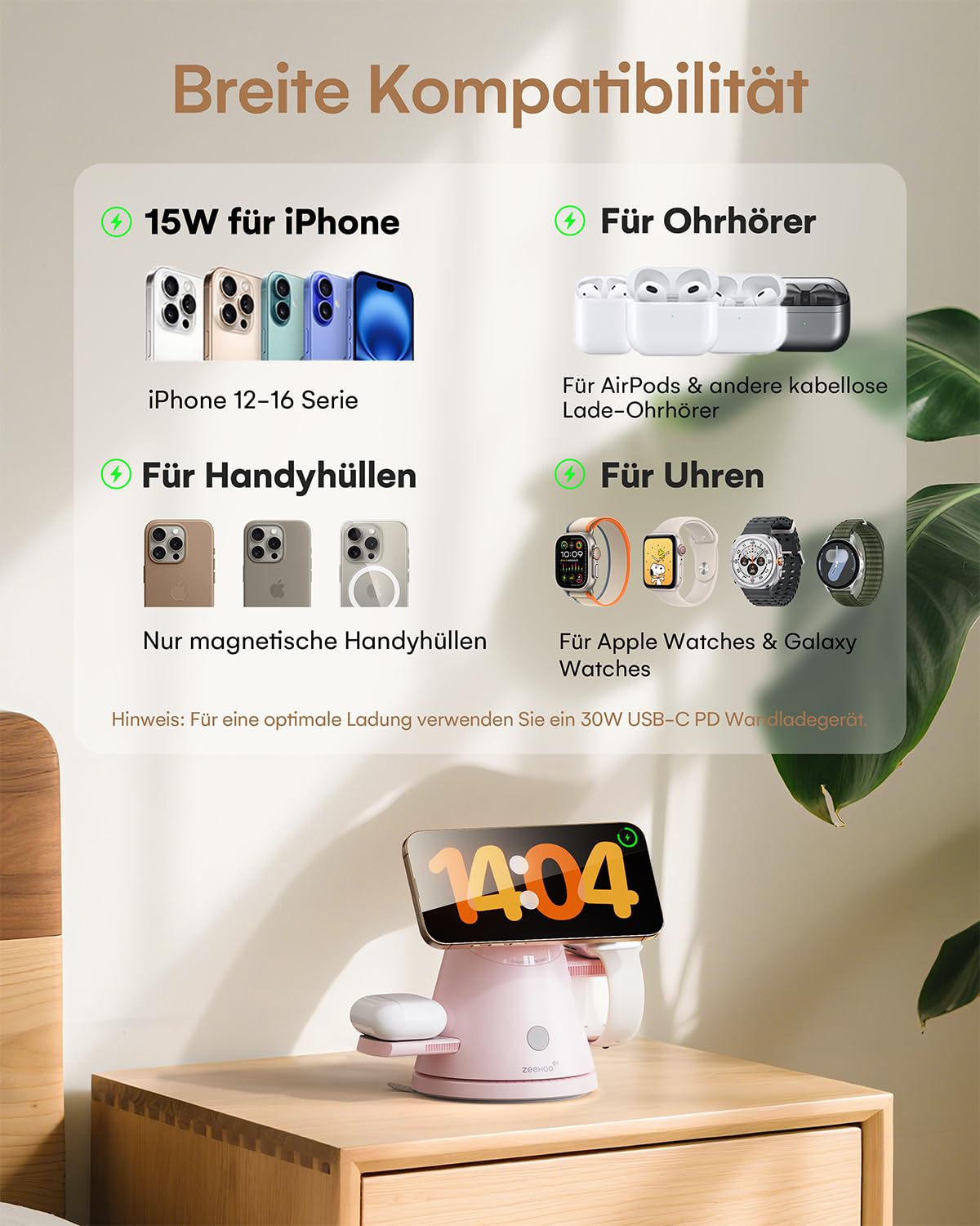 ZEEHOO Bezprzewodowa stacja ładująca 4 w 1 do Apple, ładowarka Mag-Safe i ściemniane światło, bezprzewodowa ładowarka Qi2 15 W do iPhone'a 17 16, 15, 14, 13, 12 oraz iWatch i Samsung Galaxy