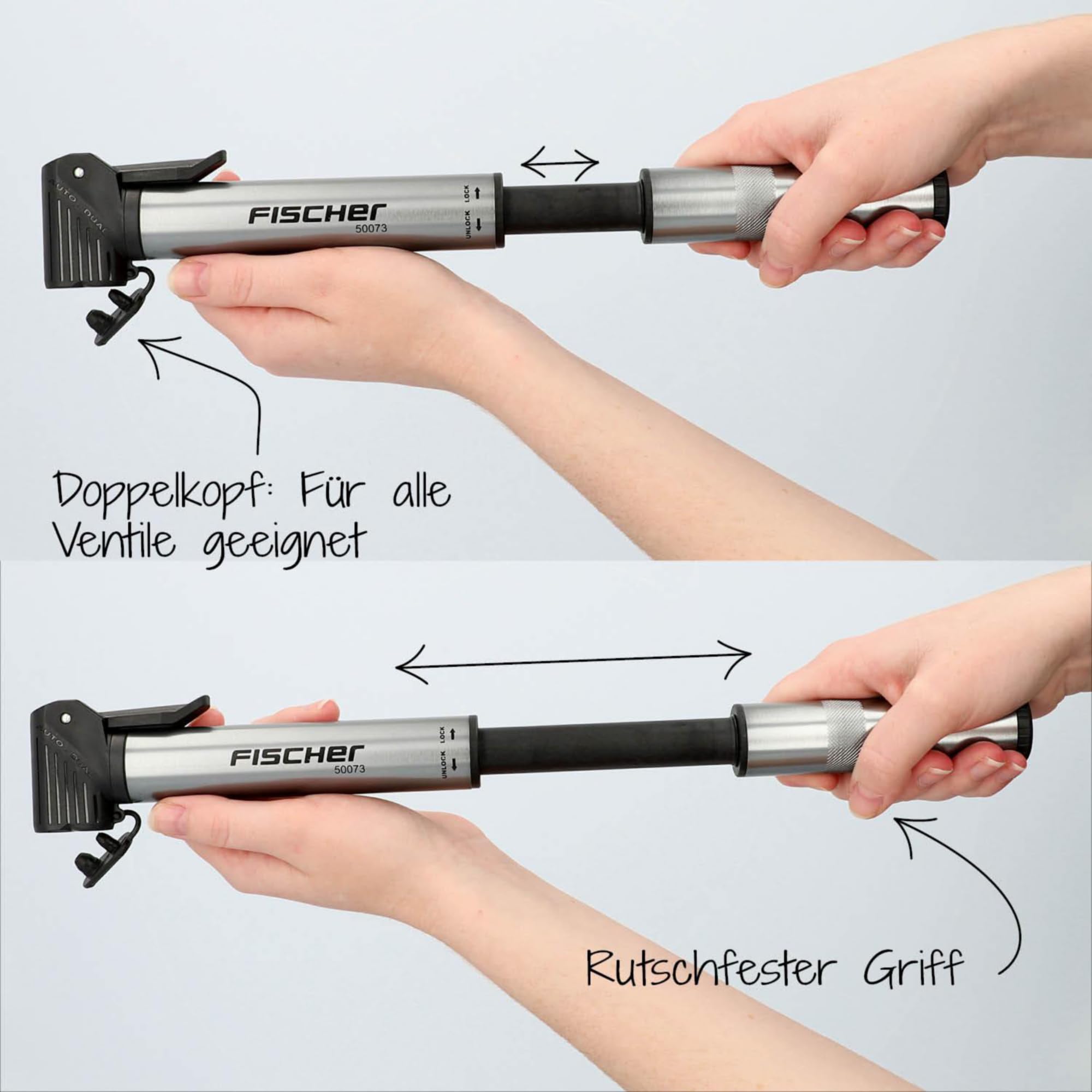 FISCHER Mini-Luftpumpe mit integriertem Reifen-Flickzeug, Fahrrad-Luftpumpe, für alle Ventile (AV, DV, SV), Duokopf, aus Aluminium, extrem kompakt Sport & Freizeit
