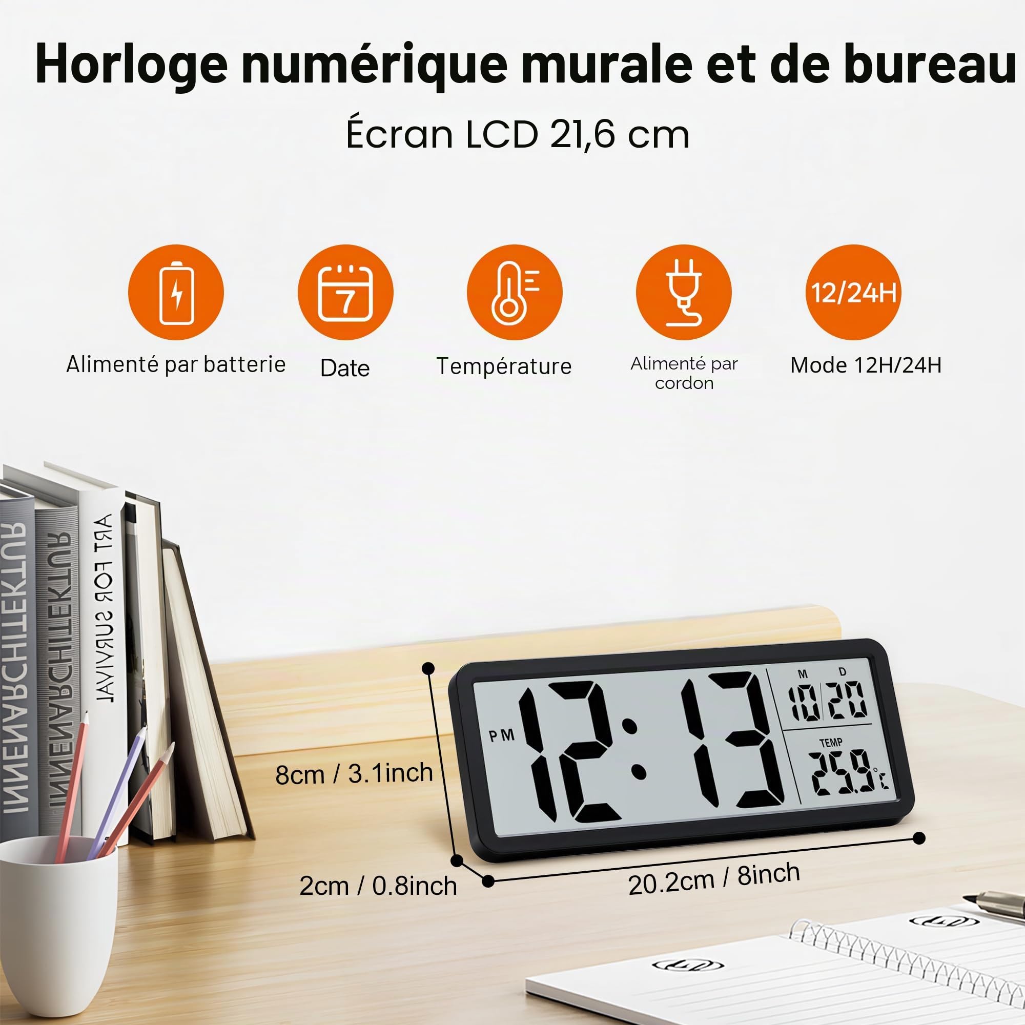 Lafocuse Horloge Murale Numérique 8.5" LCD Grande Chiffre avec Température Date 12/24H Noir