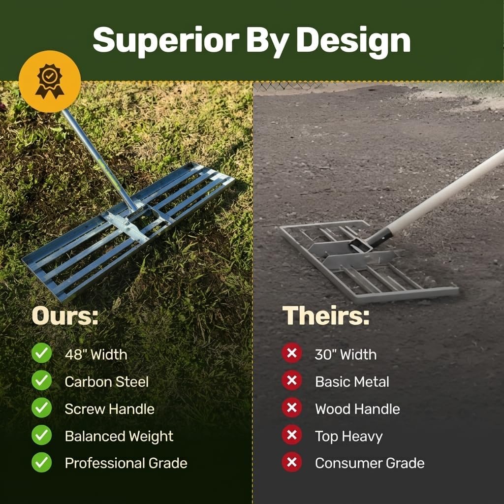Lawn Leveling Rake 48″ x 10″ – Heavy Duty Carbon Steel Ground Leveler Tool for Yard, Soil, Sand & Grass – Professional Landscape Rake for Lawn, Garden & Golf Course (48 inch)