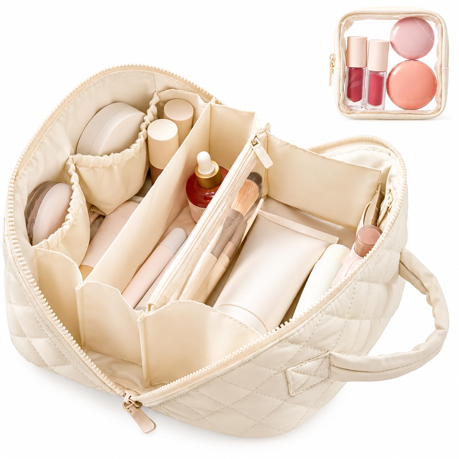 2 Pezzi Borsa Cosmetici, necessaire Donna (Crema) | Borsa cosmetici donna, borsa da toilette con apertura a 180°, leggera e morbida, grandi scomparti, lavabile per viaggio