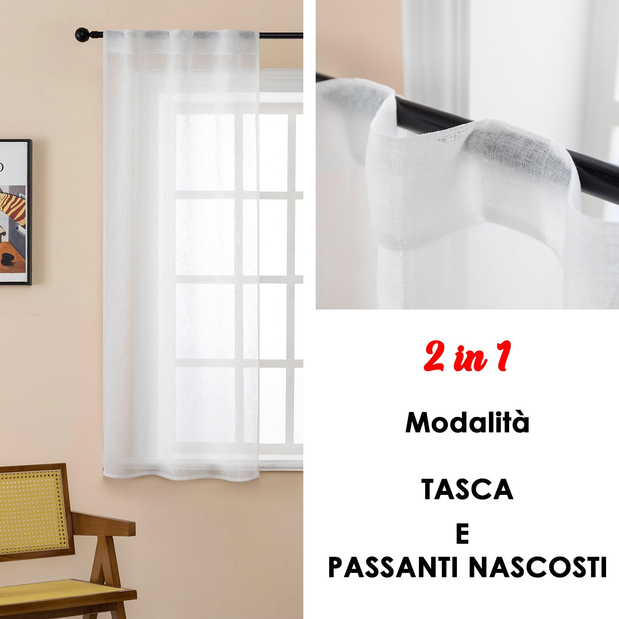 Coppia Tende Itaca In Simil Lino - 55x130 Cm, Bianco, Con Tasca E Passanti Nascosti - Foto 6