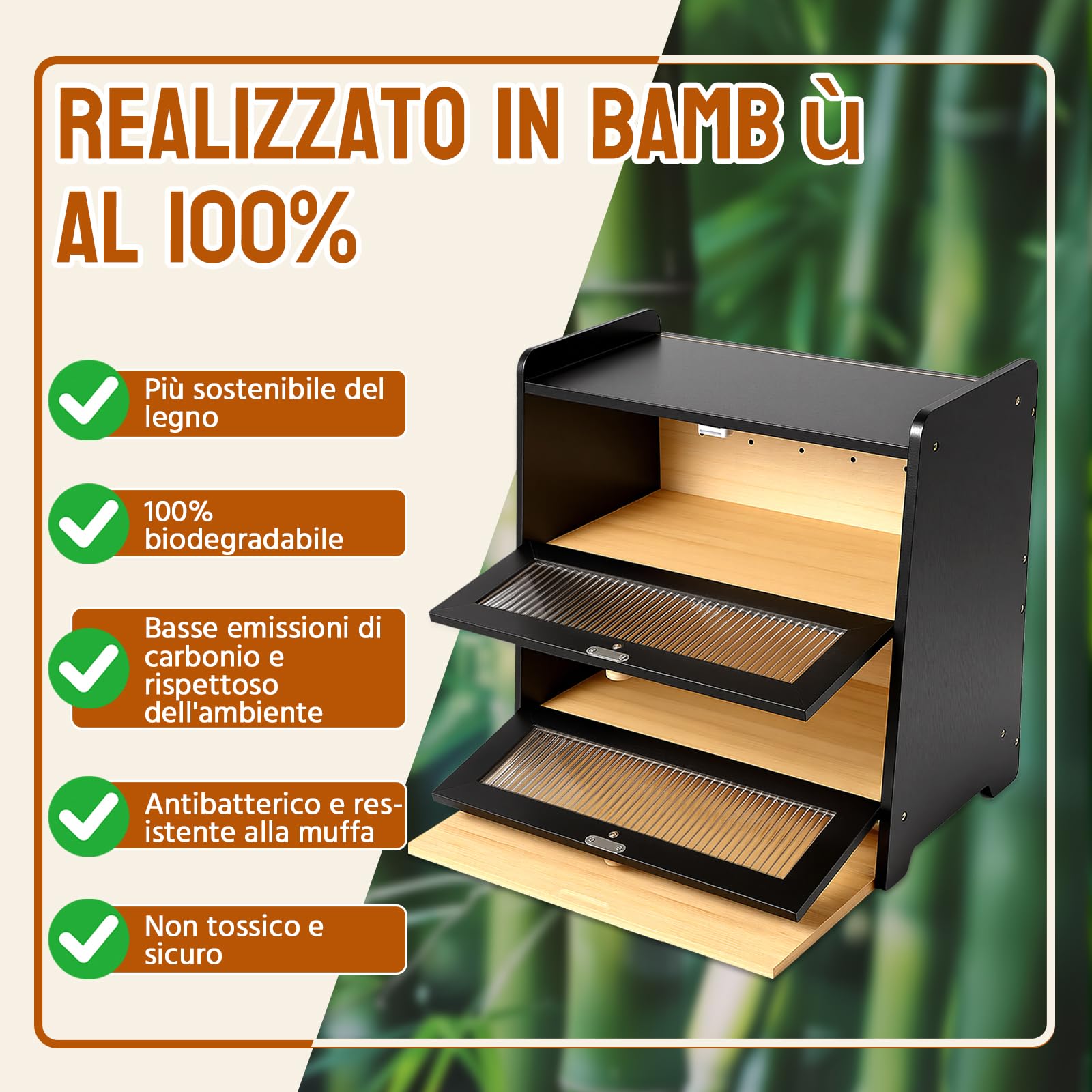 HAUSPROFI Scatola per il Pane in Bambù 2 Ripiani, Scatola per Pane in Legno con Tagliere, Ventilazione, Finestra Ondulata Trasparente, Elegante, 40x25x40cm Grande, Nera