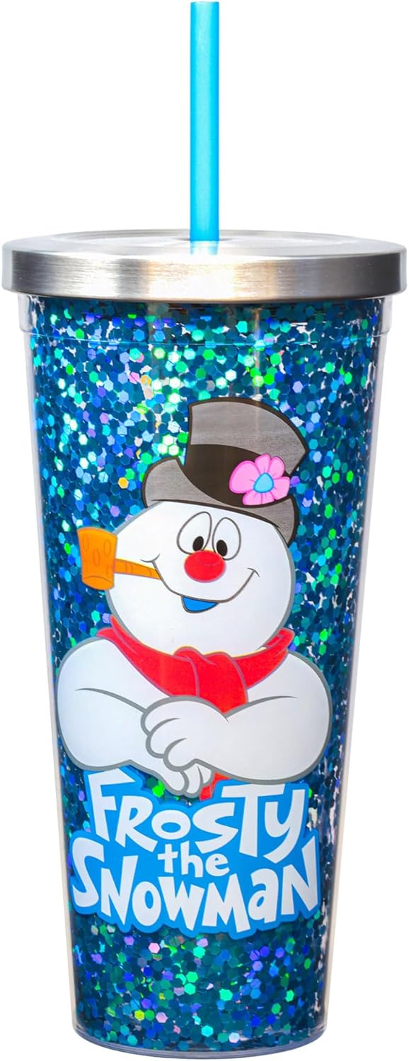 Spoontiques - Glitter Filled Acrylic Tumbler - Glitter Cup with Straw - 20 oz - Stainless Steel Locking Lid with Straw - Double Wall Insulated - BPA Free - Frosty the Snowman Glitter Cup