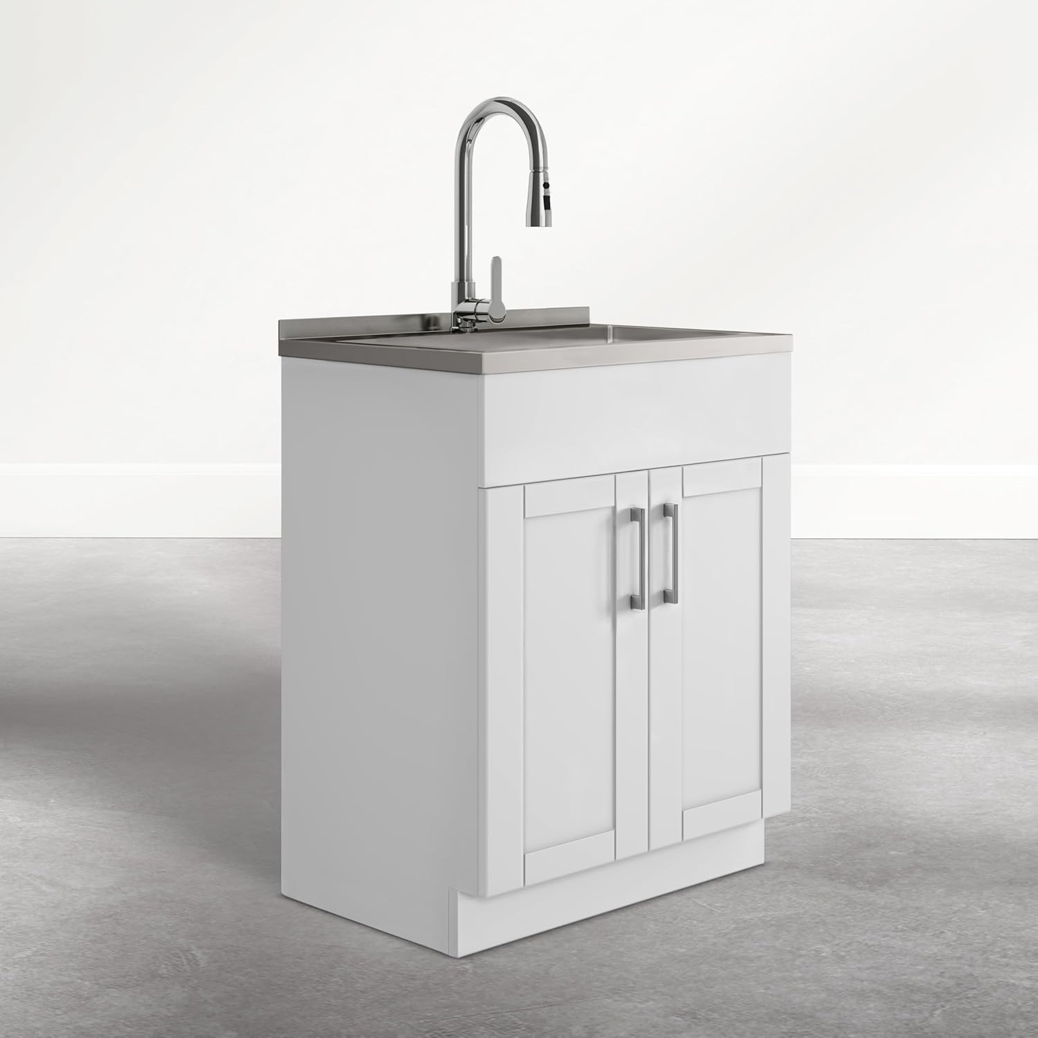 SIMPLIHOME Modern Wide Shaker All-in-One 28 inch Wide Utility Sink and Laundry Cabinet in Glacier White Finish, Transitional Stainless Steel Sink Cabinet for Laundry Rooms with High-Arch Chrome Faucet