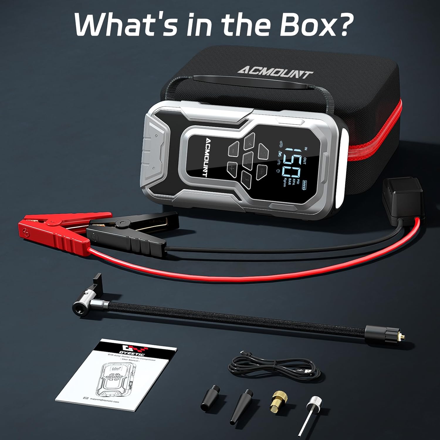 Contents of the Acmount D18 Jump Starter package