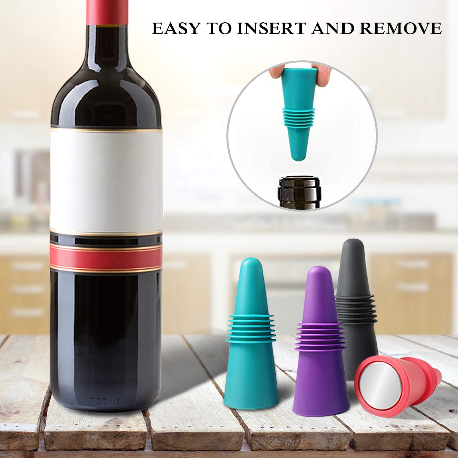 6 Tappi Per Bottiglie Vino In Silicone E Acciaio – Set Multicolore (Nero, Viola, Rosso, Blu) – Richiudibili E Ermetici – Regalo Per Amanti Del Vino