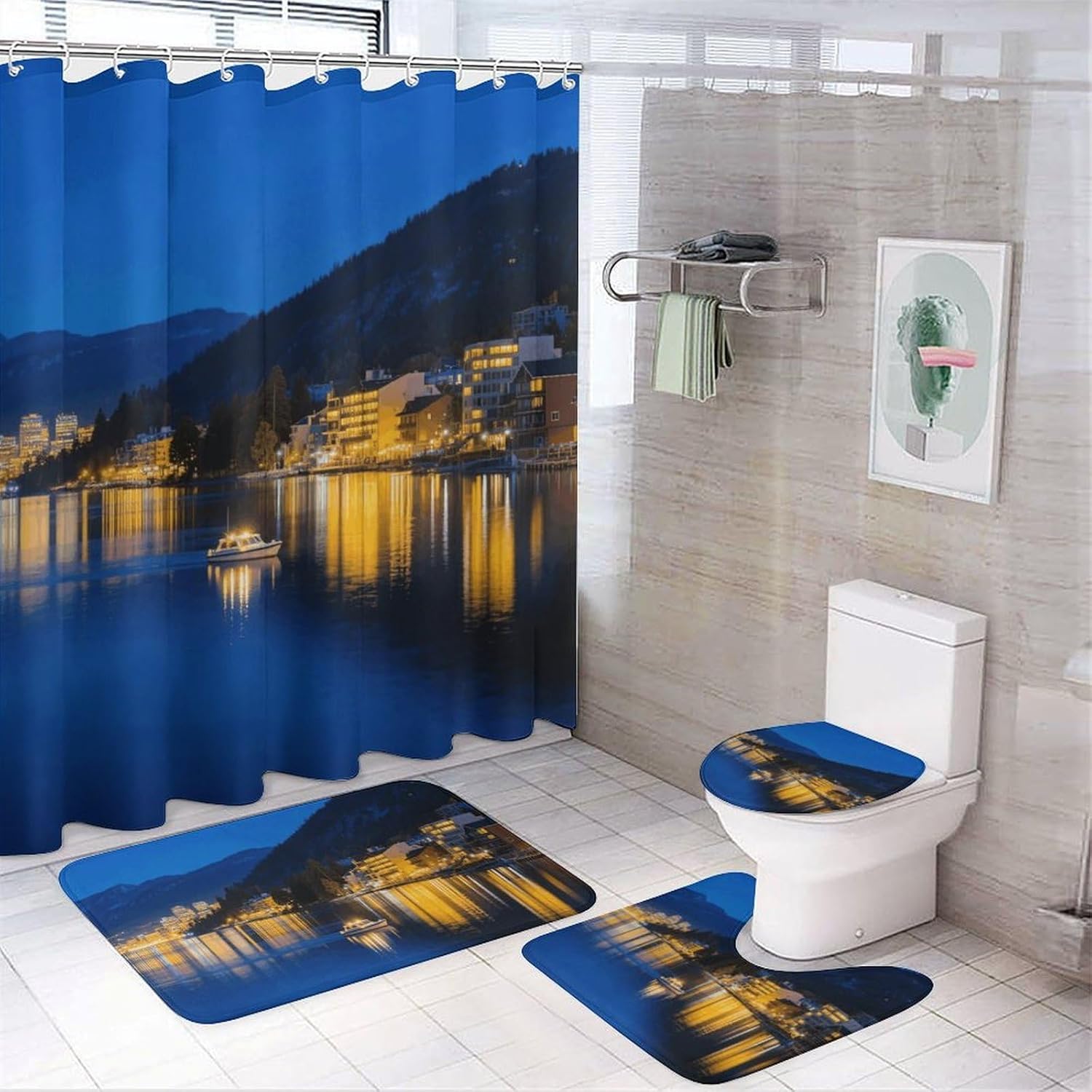 Blue Lake Tahoe Shower Curtain Set 4 Piece, Non-Slip Bath Mat with Toilet Lid Cover and Waterproof Shower Curtain with 12 Hooks, Complete Bathroom Set for Home Decor